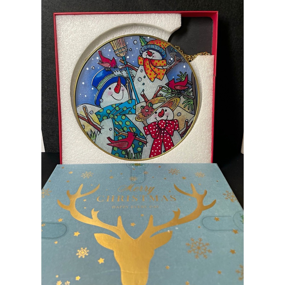 Vintage 2001 Hand Painted Glass Snowman Suncatcher by Joan Baker. New in Box!